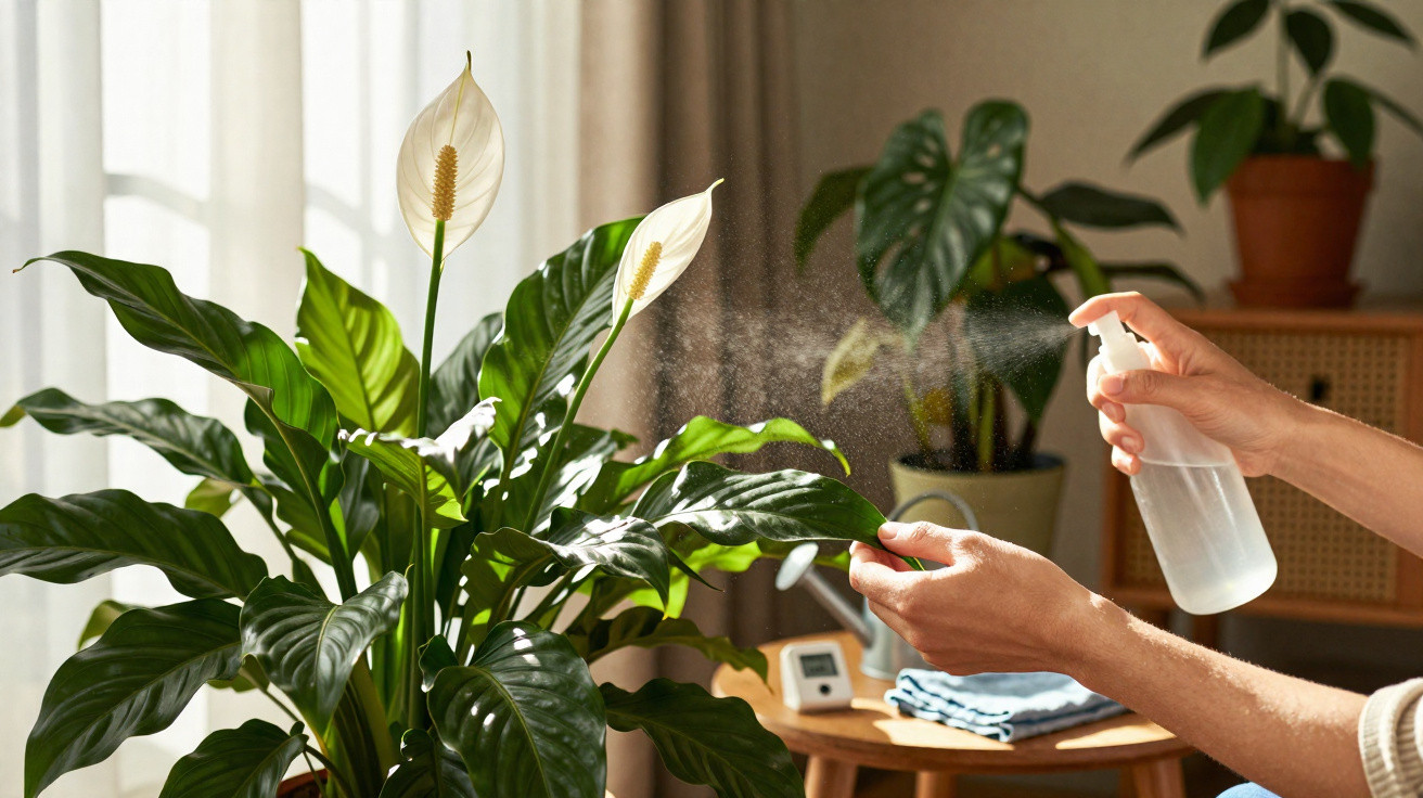 Person spraying water on a healthy peace lily plant with white flowers indoors by a sunlit window.