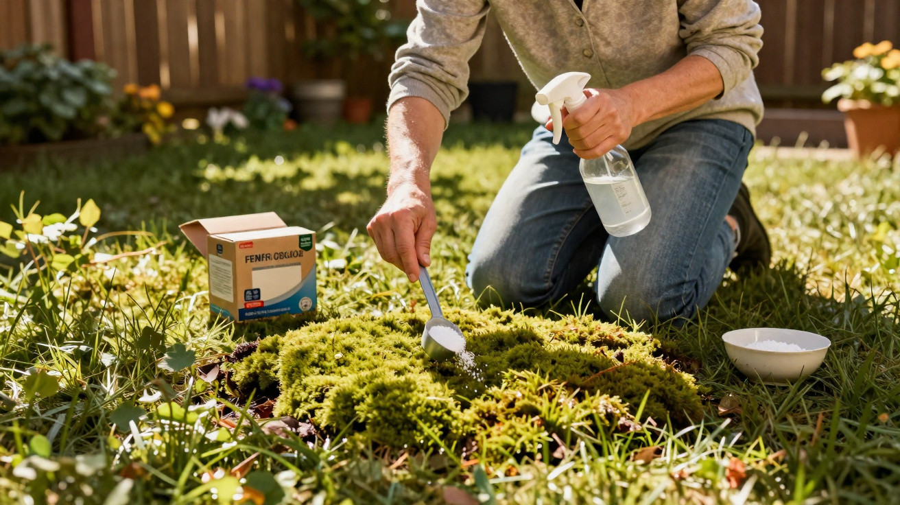Person kneeling on grass applying powder to moss with a spoon and holding a spray bottle in a garden.
