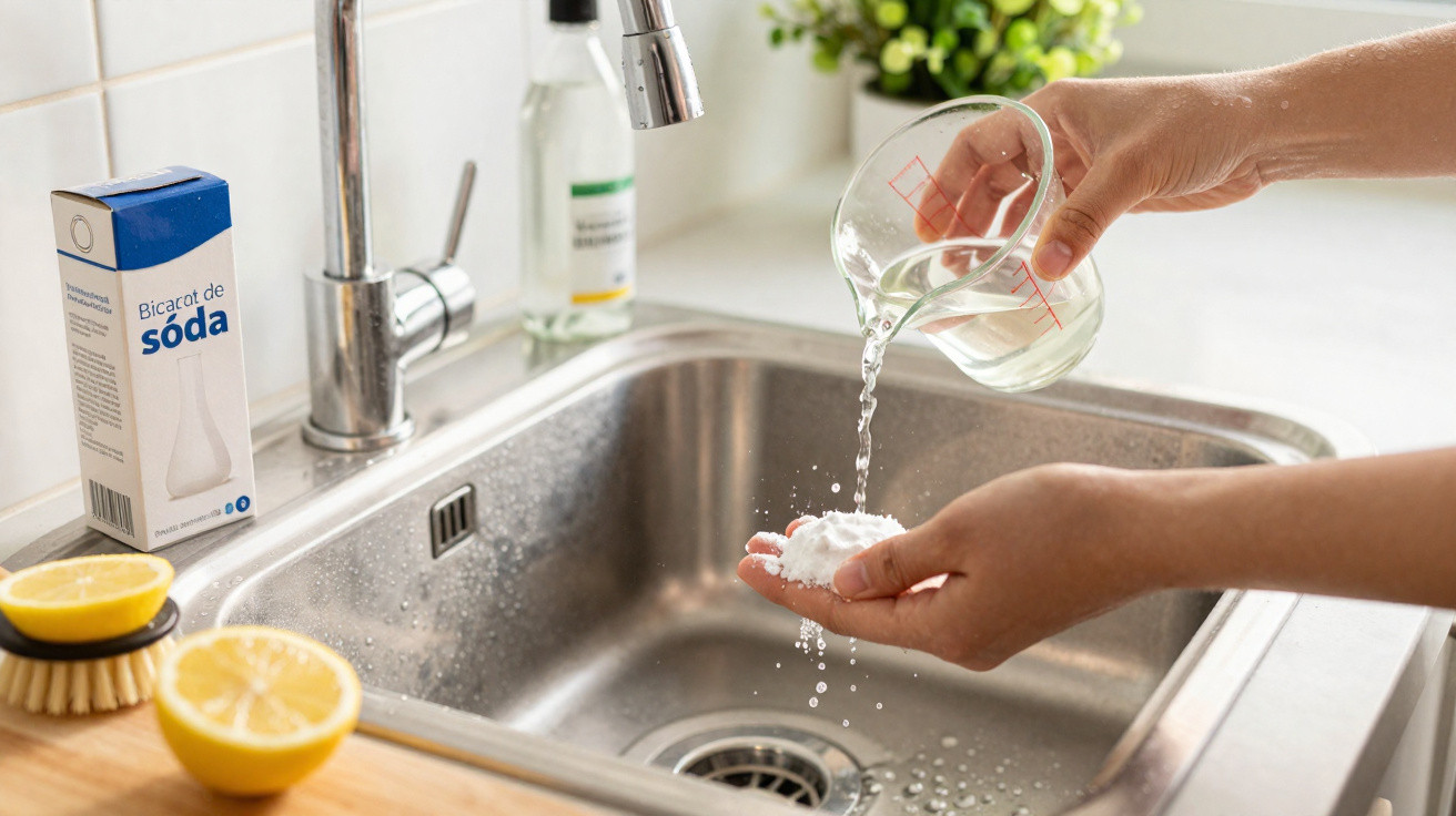 Hands pouring water from a measuring cup onto baking soda over a kitchen sink with lemon and brush nearby.