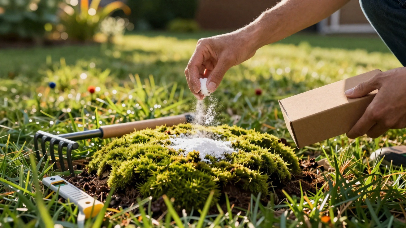 Person sprinkling white powdery substance onto green moss in a garden with gardening tools nearby.