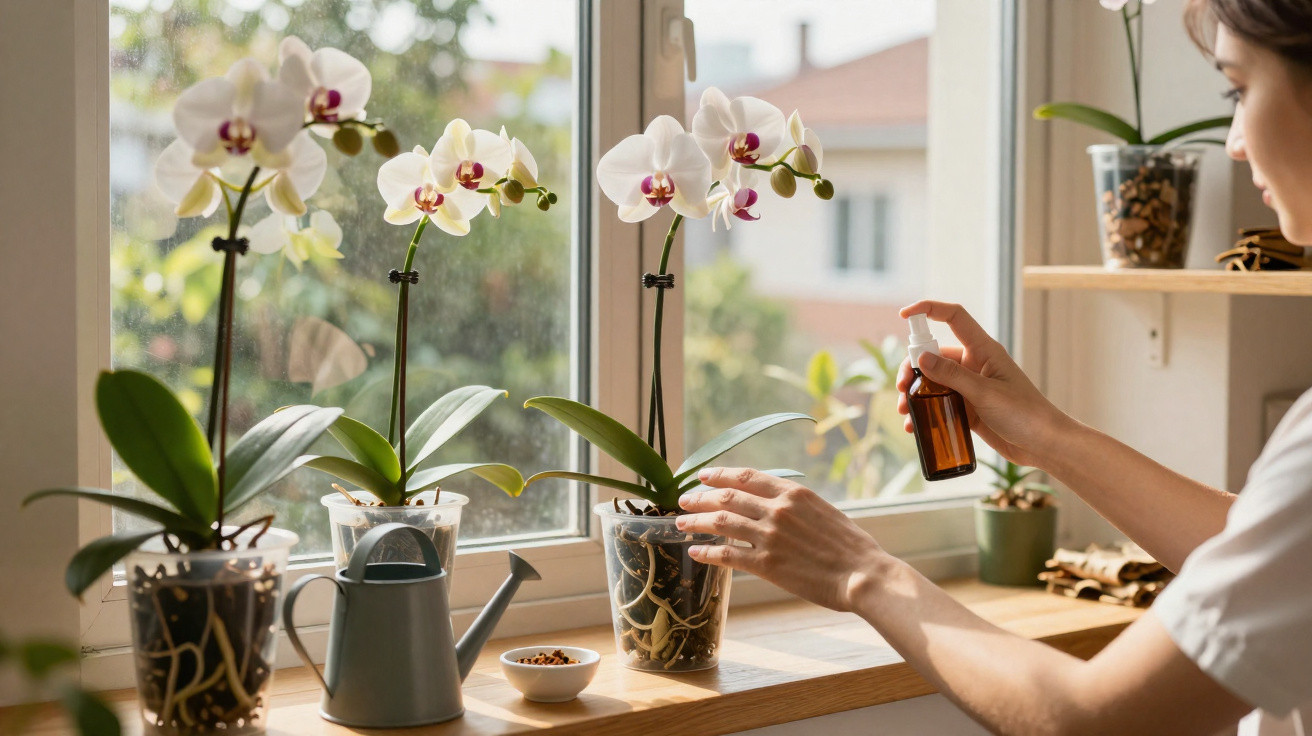 Person spraying orchid plants on a windowsill with sunlight streaming through the window.