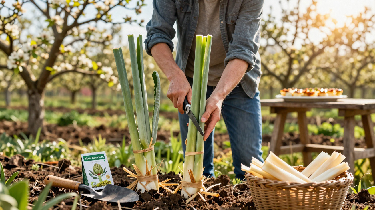 Person harvesting fresh artichokes in a garden with a basket of trimmed stalks and trees in the background.