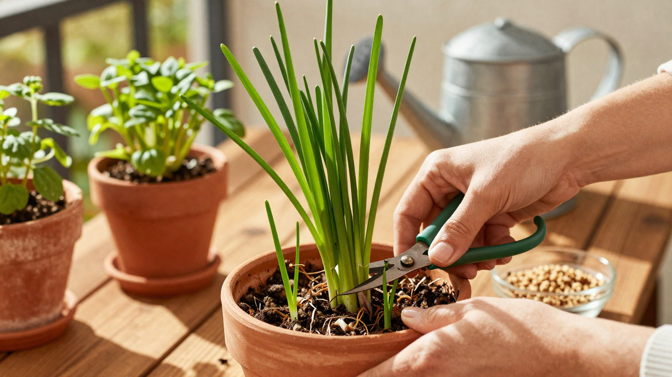 Hands trimming green shoots from a potted plant on a wooden table with other plants nearby.