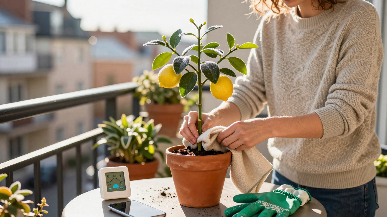 Person caring for a lemon tree in a terracotta pot on a balcony table with gardening gloves nearby.