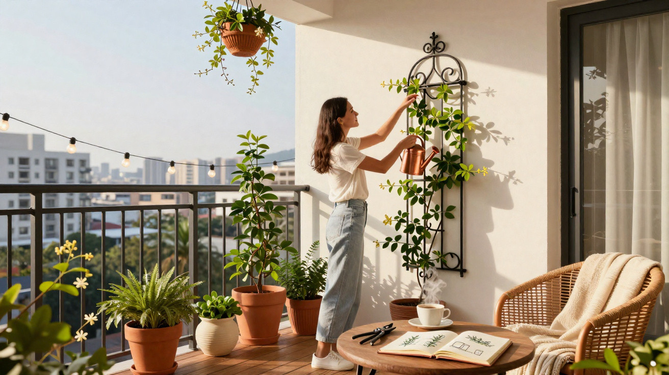 Woman tending to climbing plant on balcony with potted plants, wicker chair, and sketchbook on table.
