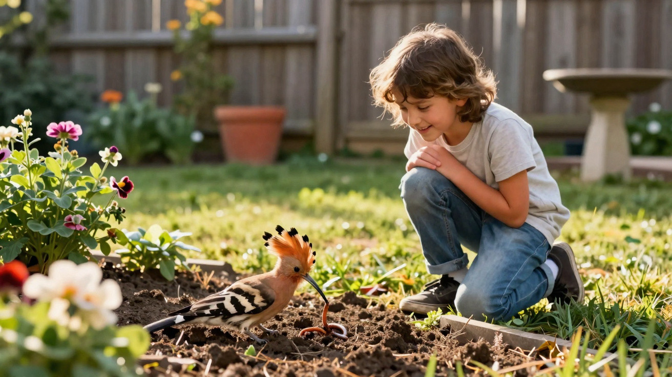 Young boy crouching in garden watching a hoopoe bird pulling a worm from the soil near flowers.