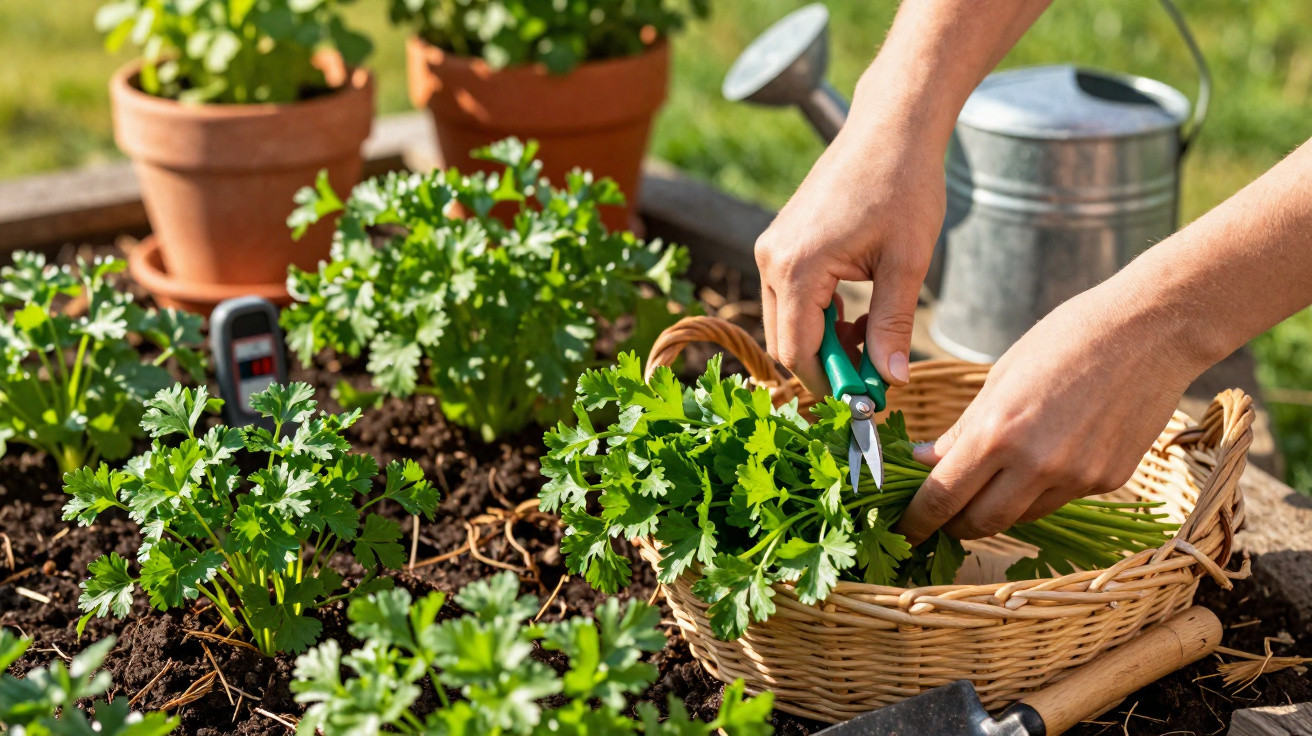 Hands harvesting fresh parsley from a garden bed into a wicker basket with a watering can in the background.