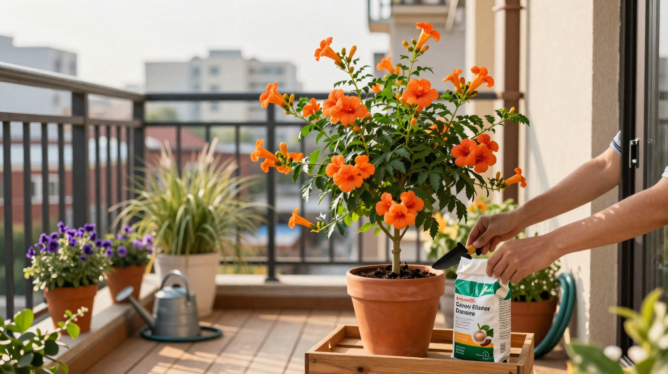 Person tending to bright orange trumpet flowers in a terracotta pot on a sunny balcony garden.