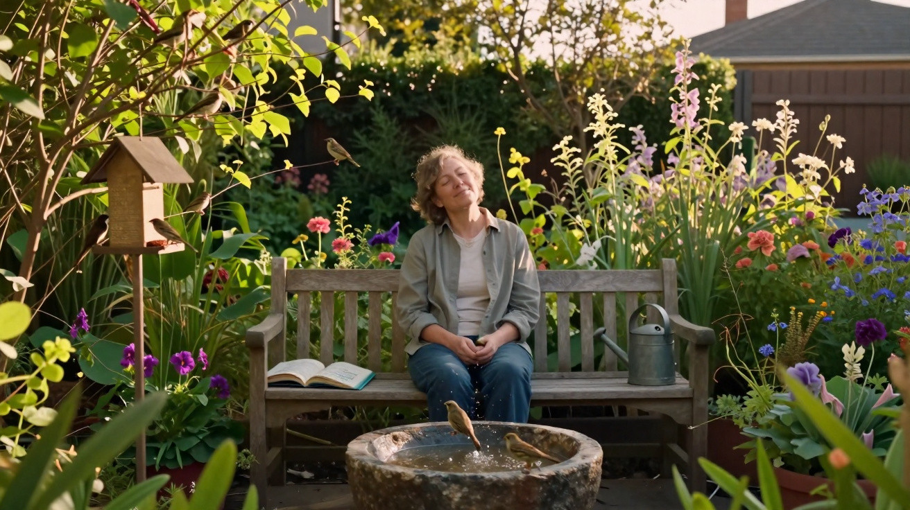 Woman sitting on a garden bench enjoying the sun, surrounded by colourful flowers and birds at a birdbath.