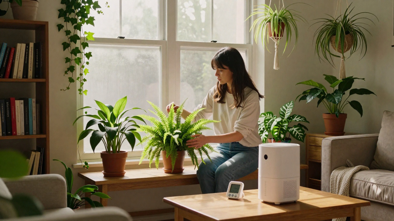 Woman tending to potted plants on a window bench in a sunlit, plant-filled living room.