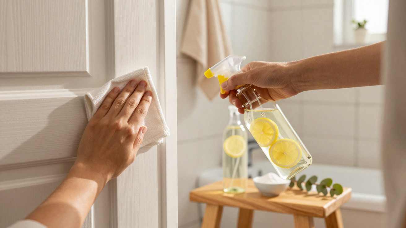 Person cleaning a white door with a cloth and natural lemon-scented cleaning spray in a bright bathroom.