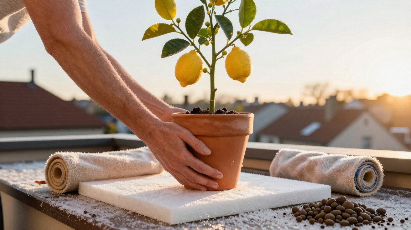 Hands placing a potted lemon plant on a balcony table with a sunset and rooftops in the background.