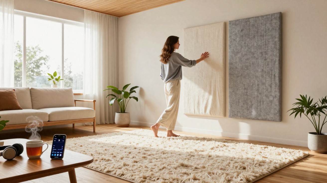 Woman touching fabric samples on a wall in a bright, modern living room with plants and a large rug.