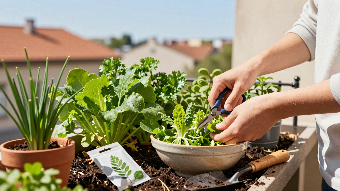 Hands harvesting fresh leafy greens with scissors in a garden planter on a sunny day.
