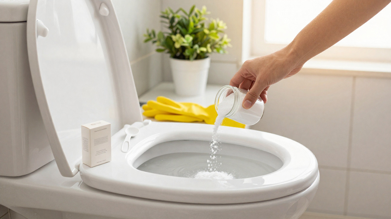 Hand pouring toilet cleaner powder into a white toilet bowl with cleaning gloves and a plant nearby.
