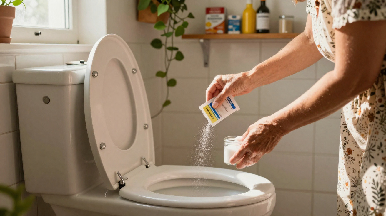Person sprinkling toilet cleaner powder into a white toilet bowl in a bright bathroom.