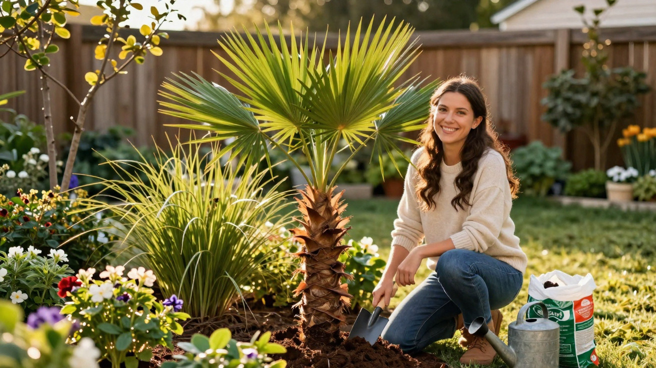 Woman kneeling and gardening around a young palm tree in a sunny, flower-filled backyard.