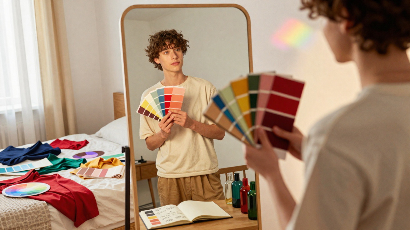 Young man holding colour swatches, looking at his reflection in a mirror in a room with fabrics on a bed.