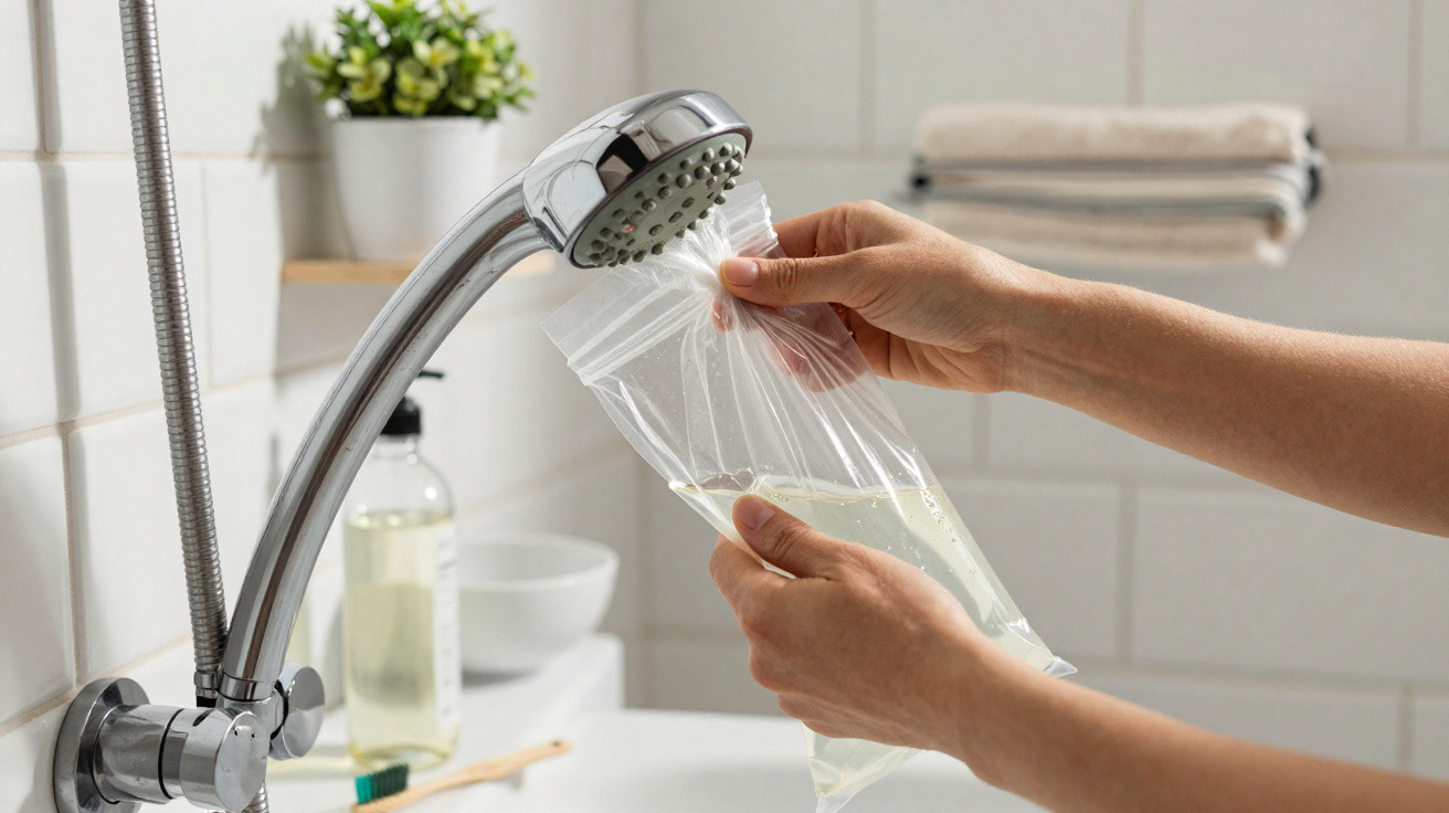 Hands filling a clear plastic bag with water from a chrome bathroom tap over a white sink