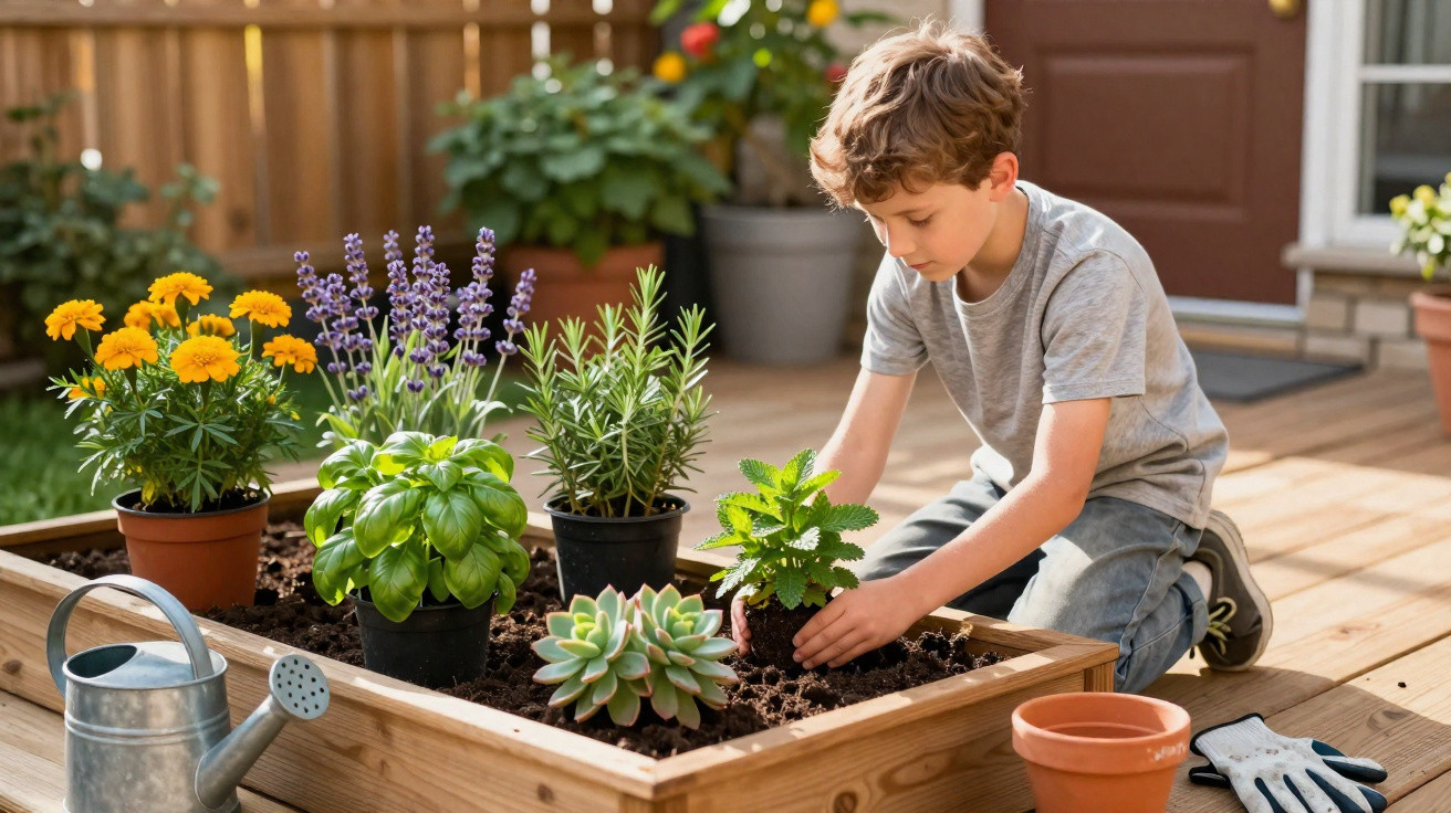 Young boy planting herbs in a wooden garden bed on a sunny patio with watering can and gardening gloves nearby.