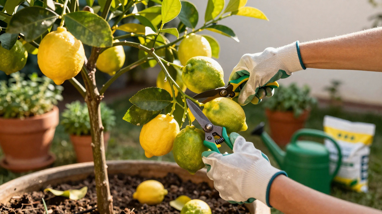 Hands wearing white gloves using gardening shears to harvest ripe lemons from a potted lemon tree outdoors.