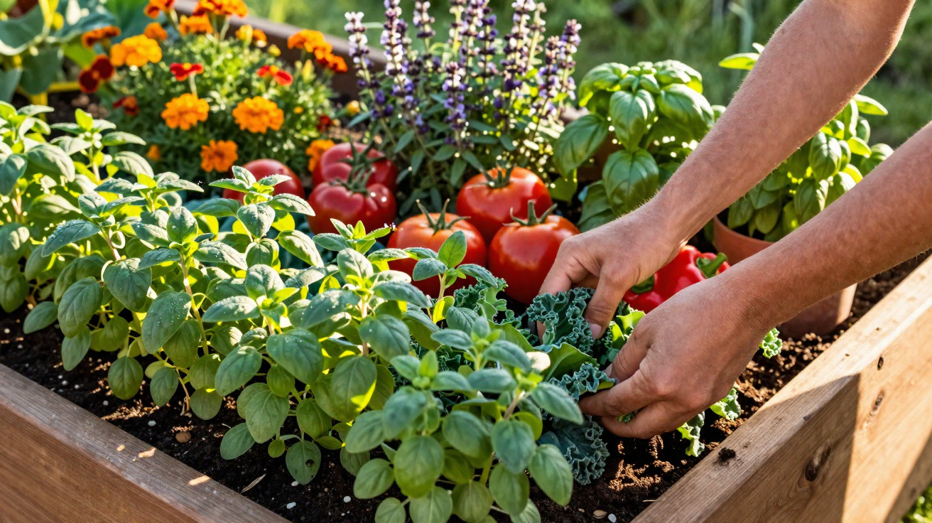 Hands harvesting kale from a raised garden bed with tomatoes, basil, marigolds, and other herbs in sunlight.