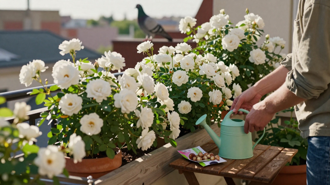 Person watering white rose plants on balcony with green watering can and flower bulbs packet on table