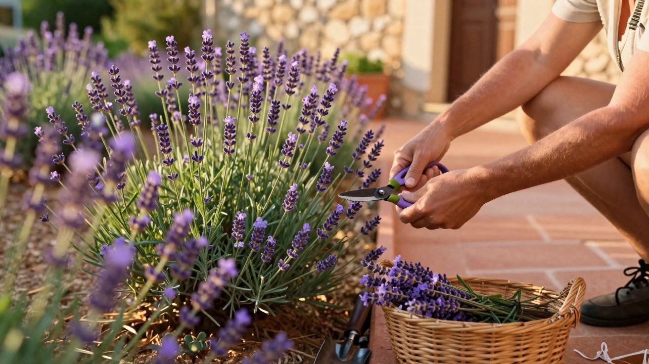 Person harvesting fresh lavender with garden shears into a wicker basket on a sunny patio.