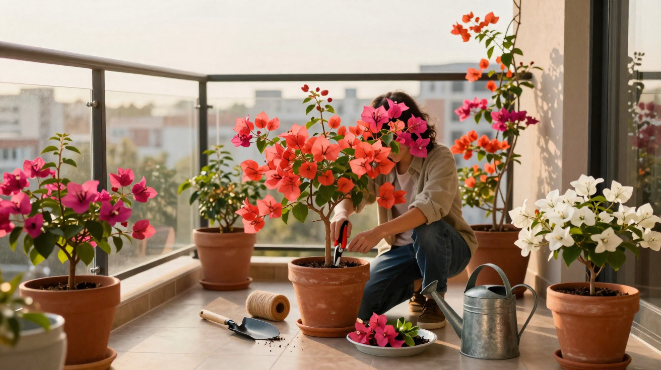 Person pruning bright pink and orange flowers in pots on a sunny balcony with gardening tools nearby.