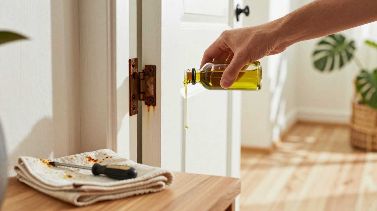 Hand pouring oil onto a rusty door hinge with a screwdriver and cloth on a wooden surface nearby.
