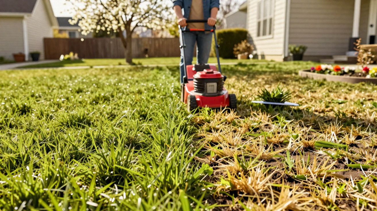 Person mowing a patchy lawn with a red lawnmower in a sunny backyard garden.