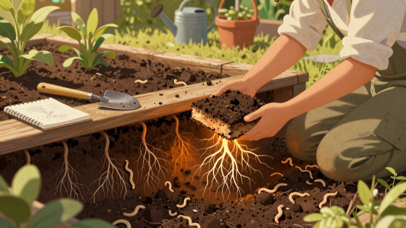 Hands holding glowing roots in soil filled with worms next to a garden bed and gardening tools.