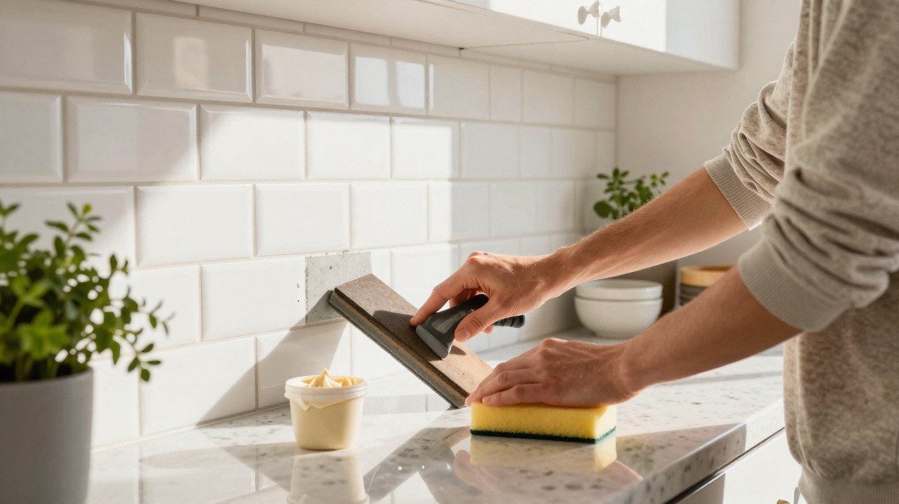 Person using a grout float to apply grout between white tiled kitchen backsplash on a marble countertop