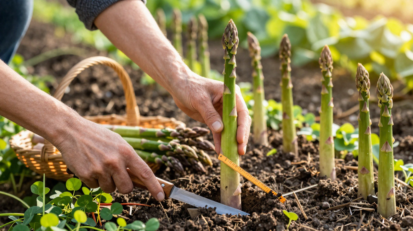 Hands harvesting fresh asparagus with a knife from soil, with a wicker basket full of asparagus in the background.