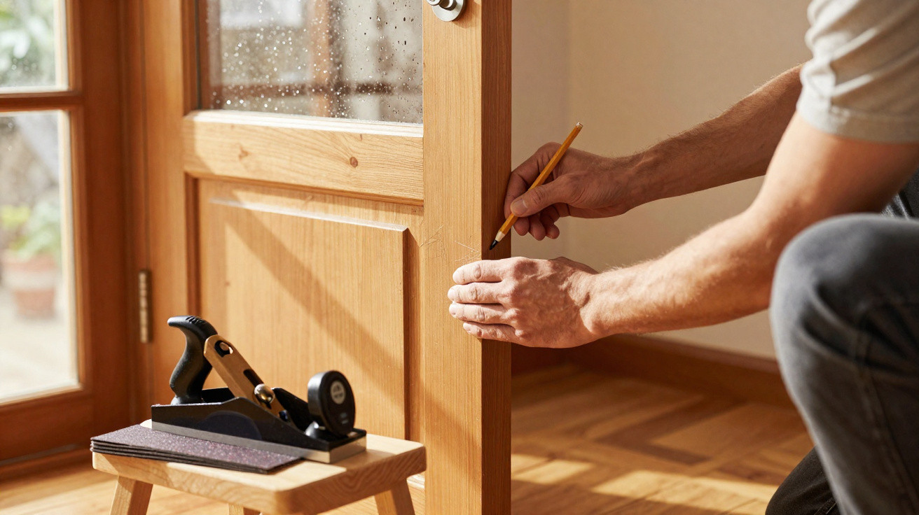 Person marking measurements on a wooden door frame with a pencil, next to a stool holding a hand plane tool.