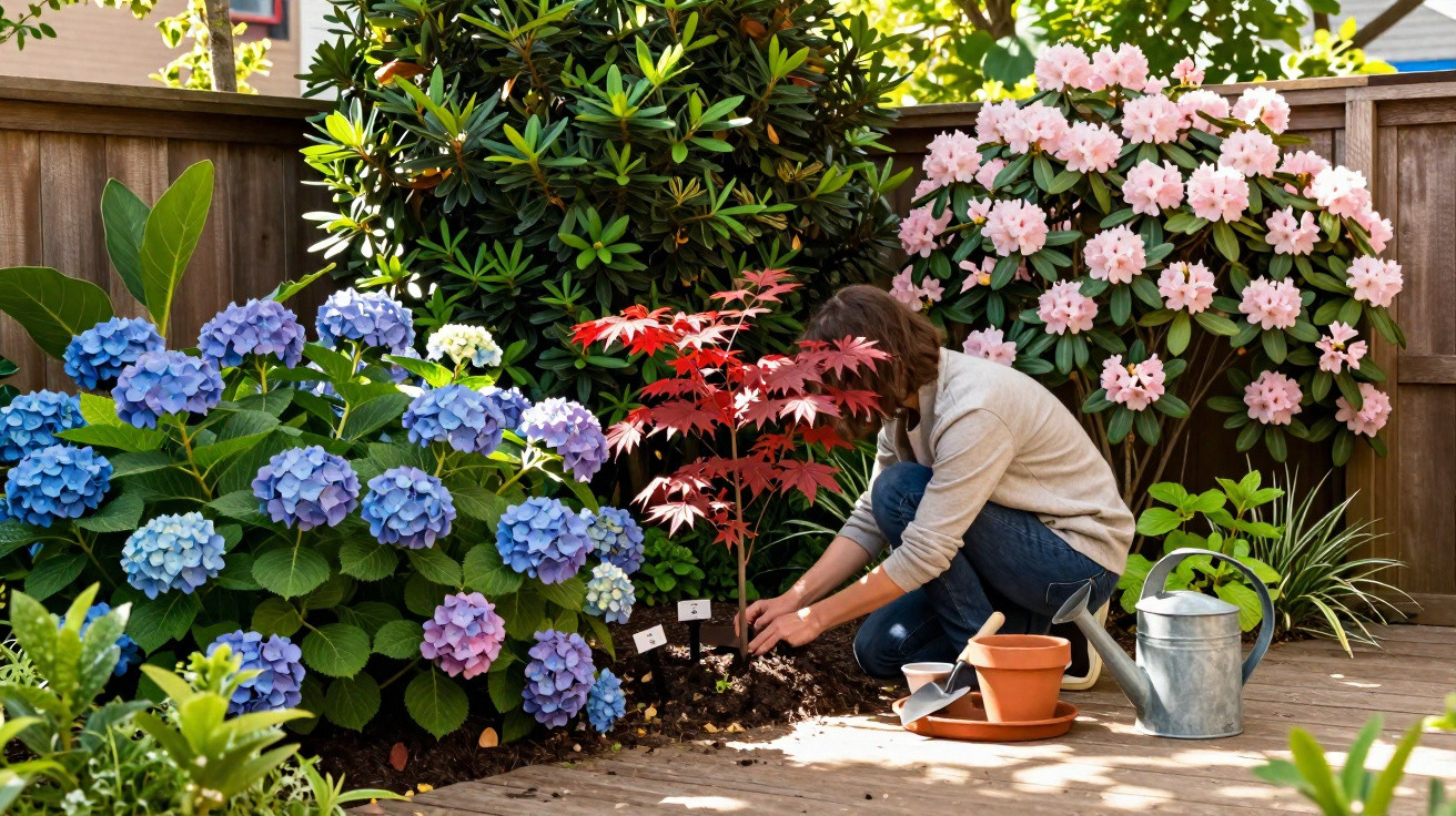 Person planting a small tree in a garden surrounded by hydrangeas and pink rhododendrons beside a wooden fence.