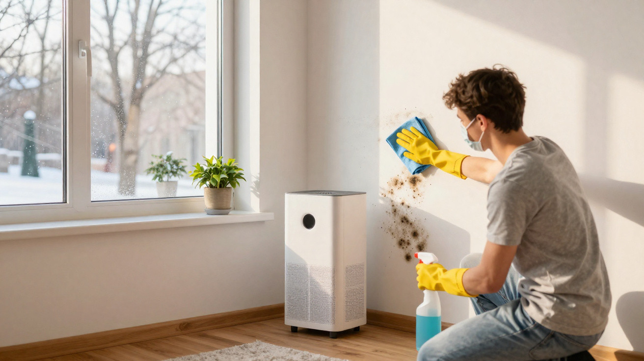 Person wearing yellow gloves and face mask cleaning mould off a wall next to a window and air purifier.