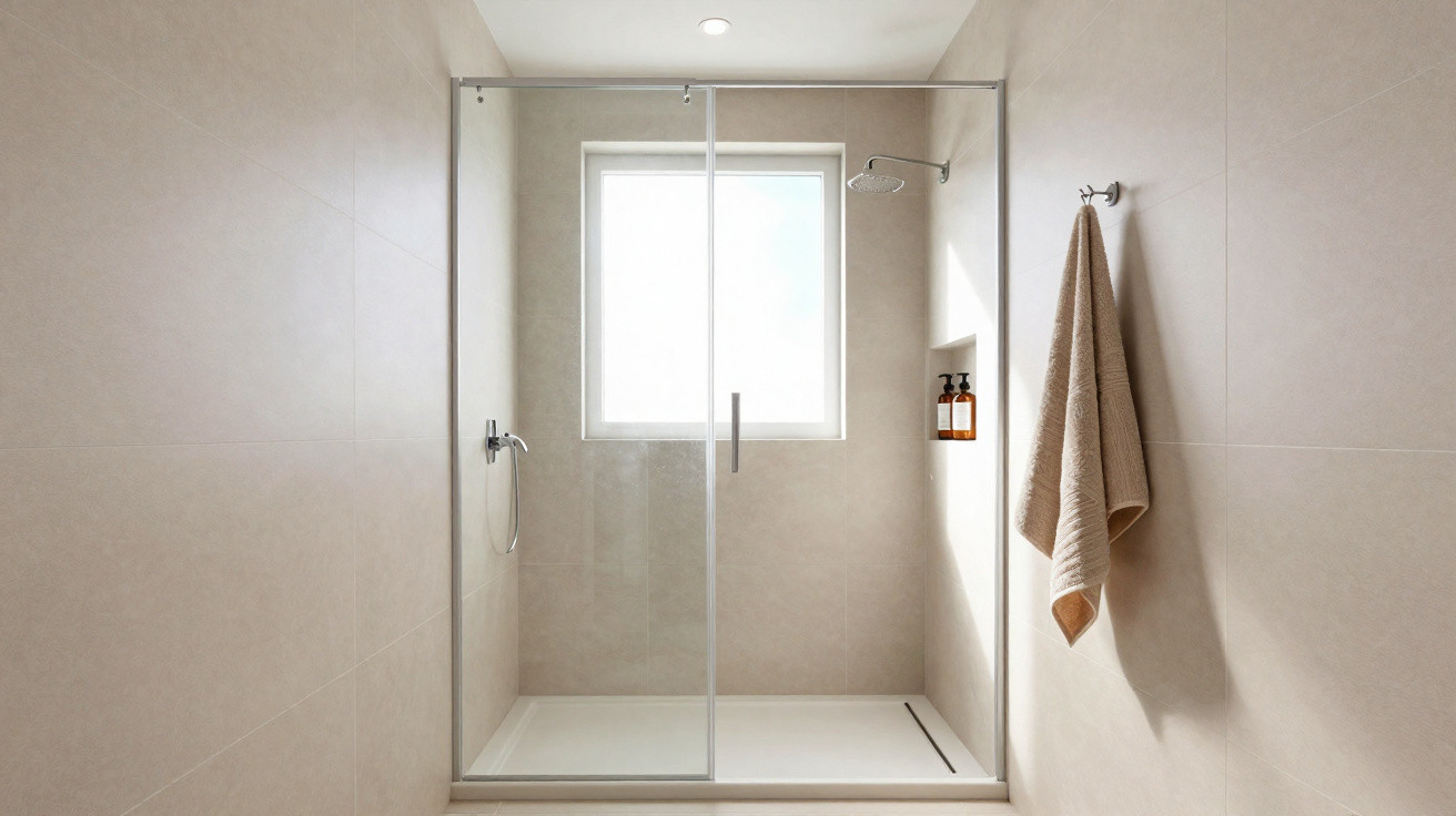 Minimalist bathroom shower with glass sliding doors, beige tiles, wall-mounted shower, and a hanging towel.