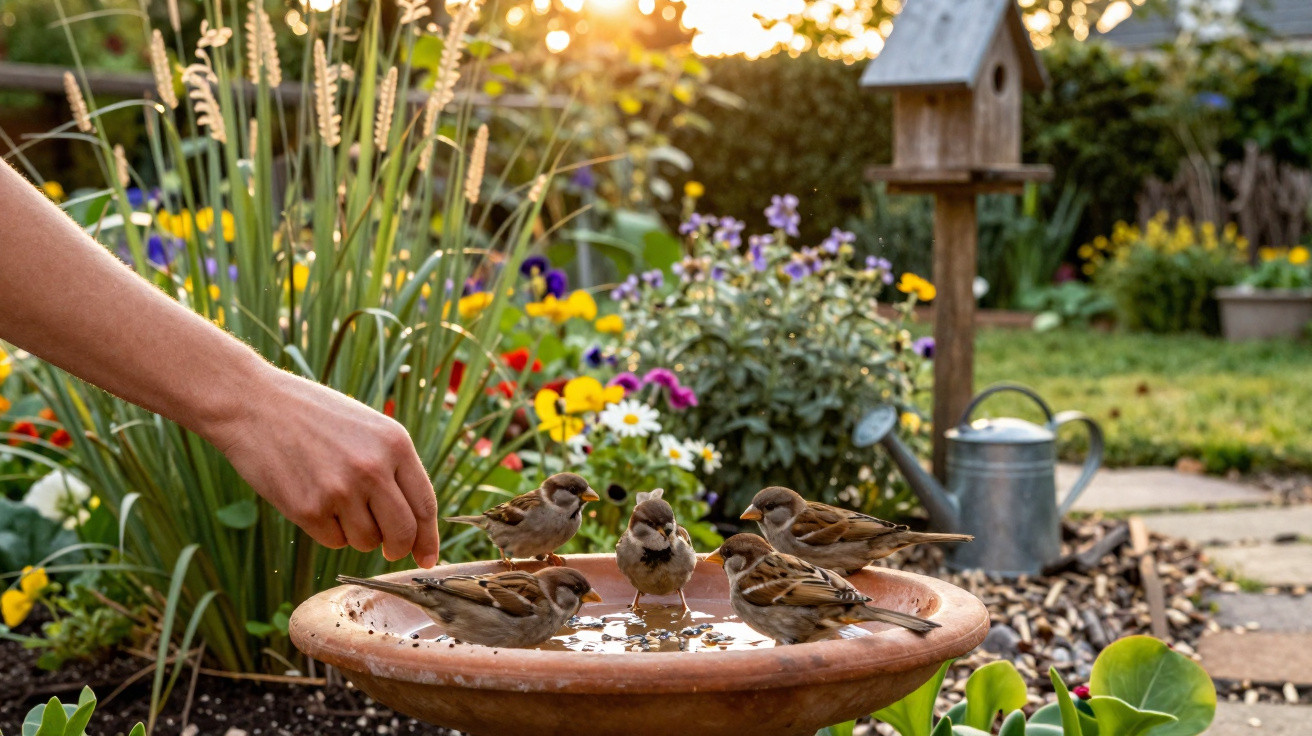 Small birds gathered around a garden birdbath with a hand feeding them at sunset.