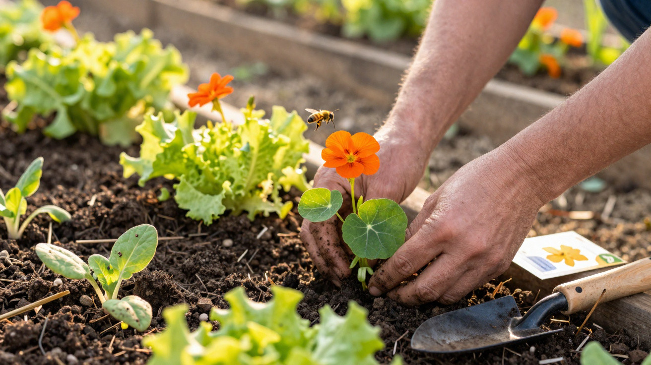 Hands planting an orange flower in soil with young plants and a bee flying nearby in a garden bed.
