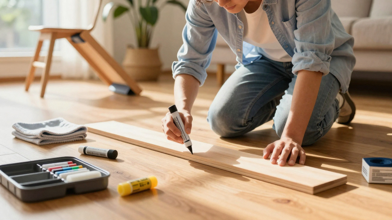 Person kneeling on wooden floor marking a wooden plank with a black marker for a DIY project.