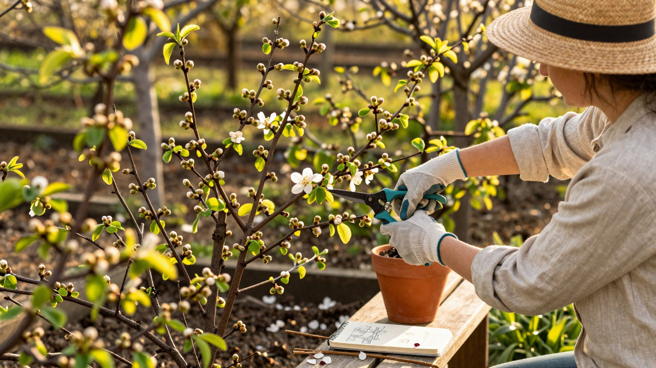 Person wearing gloves and a hat pruning a blossoming tree branch in a garden during daylight.