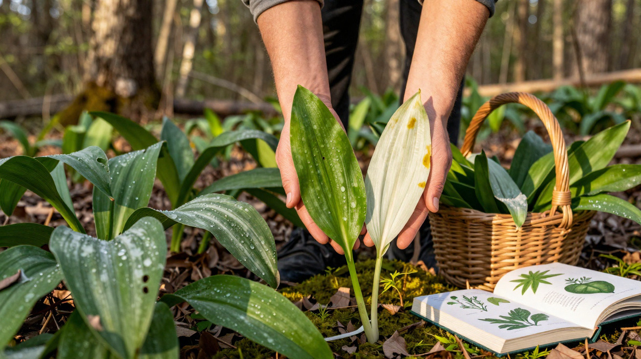 Hands comparing a healthy leaf and a diseased leaf among wild plants with a basket and open book nearby in woodland.