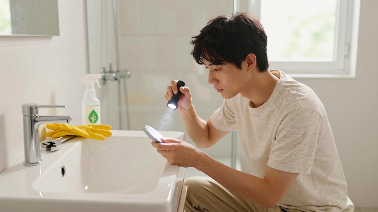 Young man inspecting a round object with a flashlight in a bright bathroom next to a sink.