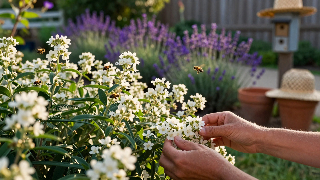 Hands gently holding white flowers in a garden with bees and purple lavender in the background.