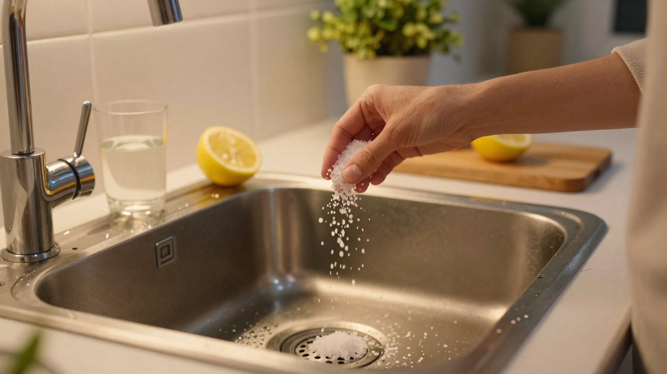 Hand sprinkling coarse salt into a stainless steel kitchen sink with lemon halves in the background.