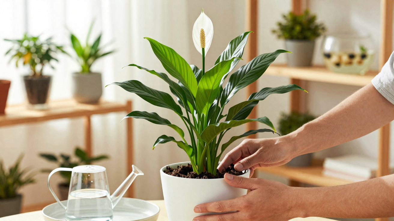 Person tending to a peace lily plant in a white pot on a table with a watering can nearby in a bright room.