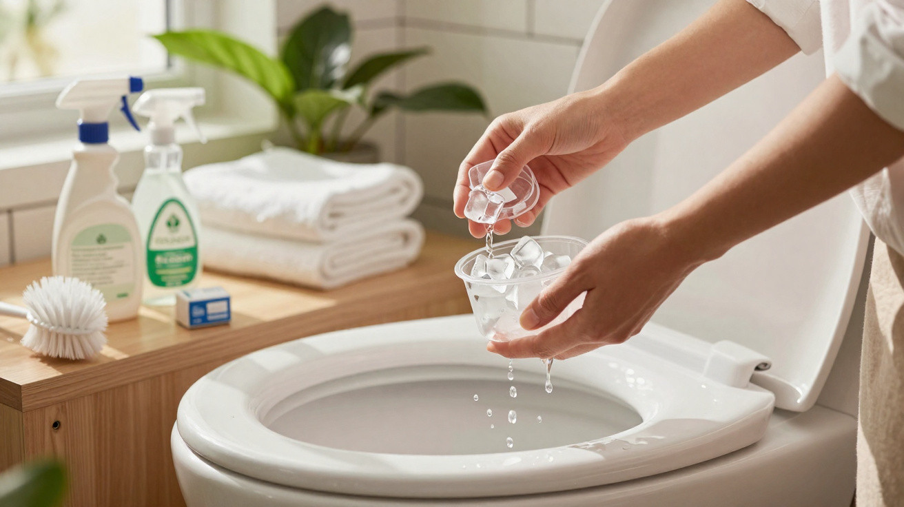 Person dropping ice cubes into a clean white toilet bowl in a bright bathroom setting.