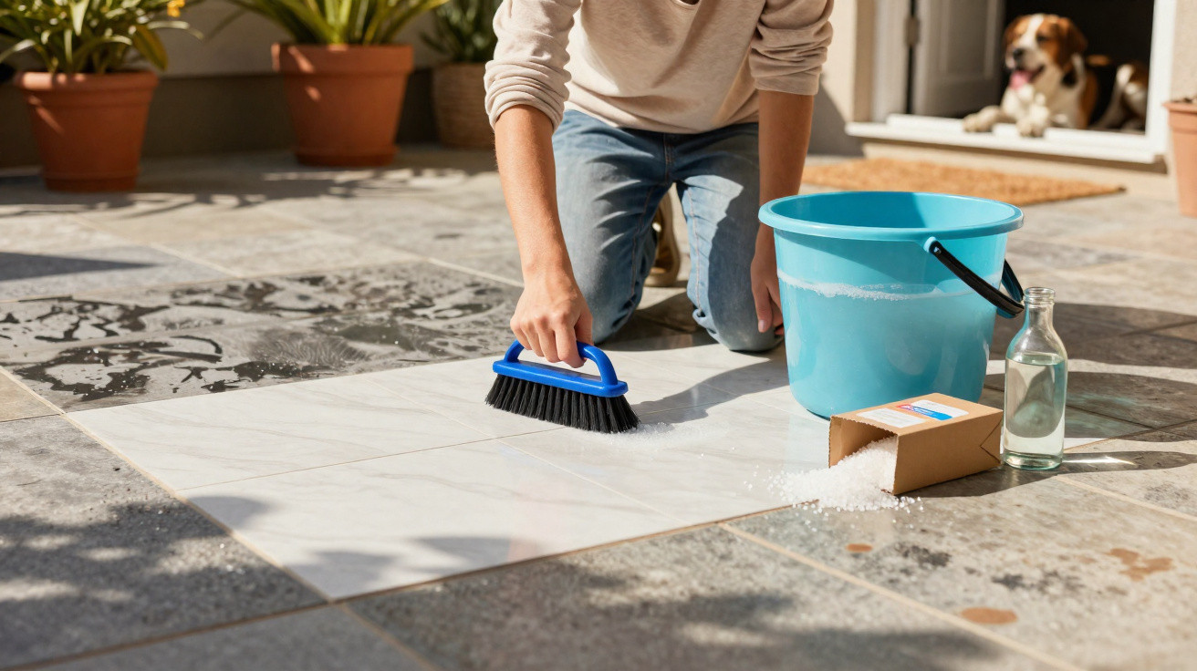 Person scrubbing outdoor tiles with a brush, blue bucket, cleaning powder, and bottle on a sunny patio with a dog in the back