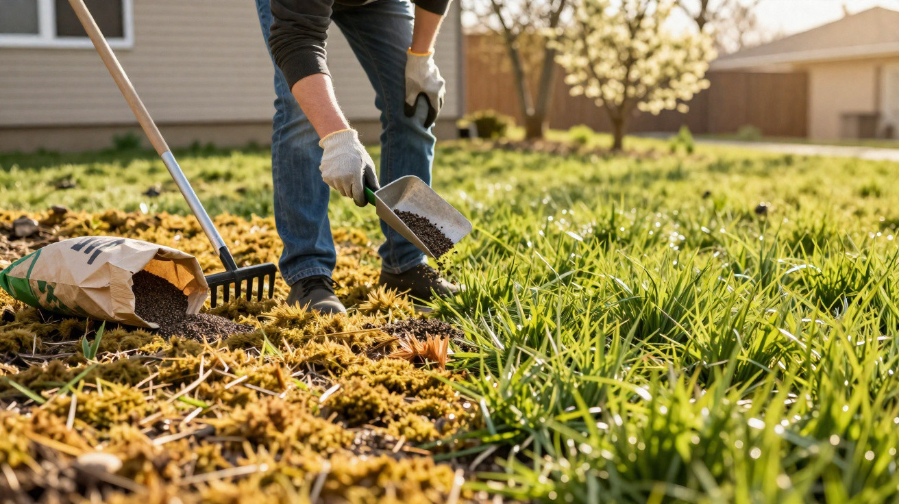 Person spreading lawn seed with a scoop over a patchy garden lawn on a sunny day.
